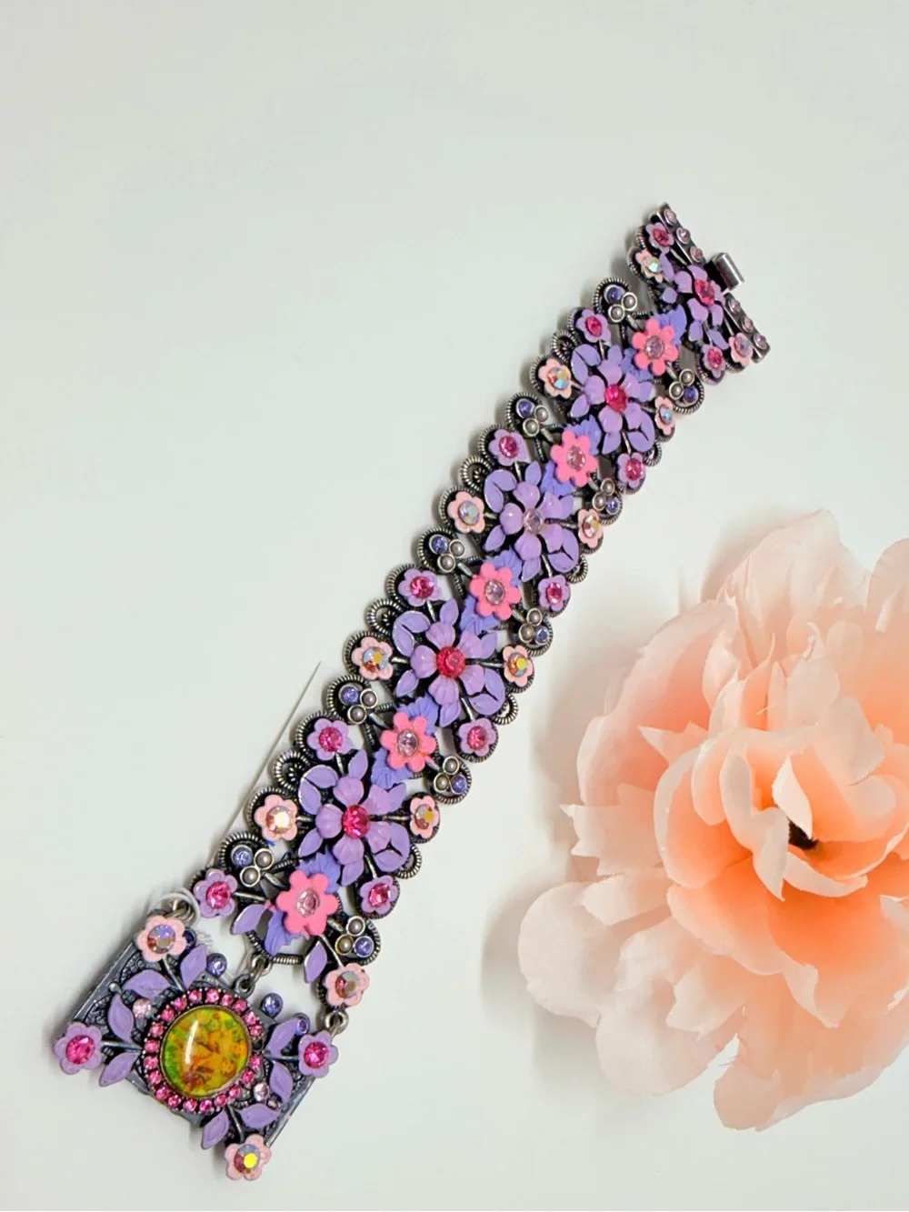 Vintage wide bracelet signet Michal Negrin,Silver purple flowers with crystal